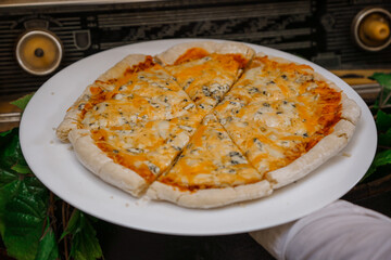 A tasty pizza with mozzarella.