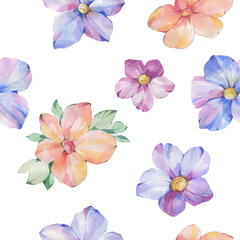Fototapeta na wymiar Seamless botanical ornament. Floral watercolor pattern. Drawn flowers on a white background. Delicate abstract flowers for design, packaging and wallpaper.
