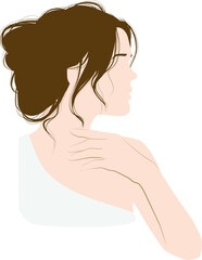 Minimalistic portrait of a brown-haired woman. Hair gathered up. Facial profile