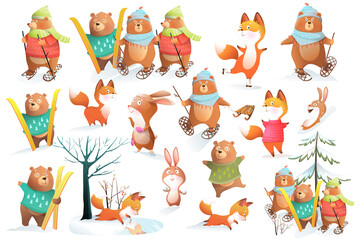 Creative winter forest animals for Christmas and season greetings. Bear, fox and rabbits skiing and skating. Characters isolated clipart for kids, holiday illustration collection.