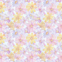 Fototapeta na wymiar Seamless botanical ornament from watercolor flowers, digitally processed. Abstract floral pattern. Art background for design, print, wallpaper, wrapping paper.