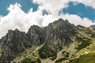 Amazing view of High Tatra Mountain Range and blue sky in Slovakia. Hiking in summer concept....