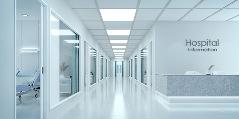 Empty corridor in modern hospital with information counter and hospital bed in rooms.3d rendering - obrazy, fototapety, plakaty