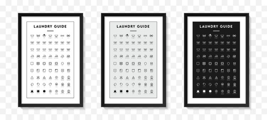 Laundry guide poster icons on picture frame set vector. Isolated Laundry care symbols mockup. Washing signs black frames mockups. Textile signs collection. Vector illustration.
