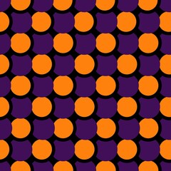 Purple and orange circles, seamless pattern on black background. Vector illustration. Happy Halloween.