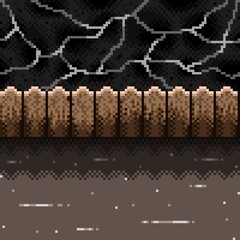 Road, decayed wooden fence, and black oil pixel art. Degraded nature. Vector illustration.