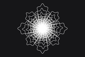 White wavy lines Spirograph tunnel or 8-pointed flower spiral logo on black background. Vector illustration.