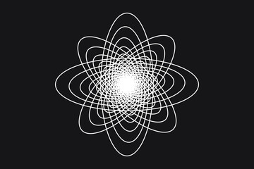 White lines Spirograph tunnel or 8-pointed flower spiral logo on black background. Vector illustration.