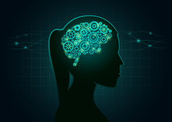 Brain gears in the woman's head on a green background in technology style. Silhouette illustration is ideal for brain work, brain cells, thinking, emotion.