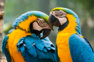 Two blue and yellow macaw (Ara ararauna), also known as the blue and gold macaw, Foz do Iguazu, Brazil