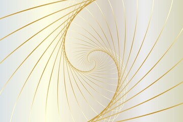 Distorted abstract lines, wireframe tunnel. The gold spiral line, Golden Ratio on the white gold background. Vector illustration.