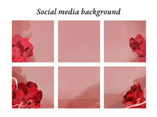Plantillas de diseño para publicaciones en redes sociales de motivos florales, flores de cactus con textura de acuarela en tonos morados, rojos, rosa y morados, con espacio para texto e imágenes - obrazy, fototapety, plakaty