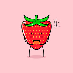 cute strawberry character with smile and happy expression, close eyes and mouth open. green and red. suitable for emoticon, logo, mascot and icon