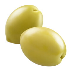 Two delicious green olives, isolated on white background