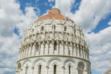 Pisa duomo. Piazza dei miracoli, with the Basilica and the leaning tower. Pisa, Italy.
