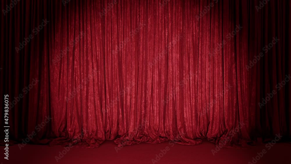 Poster realistic 3d animation of the luxurious and fancy textured red velvet theater single stage curtain w