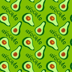 Vector avocado pattern seamless. Avocados pattern for oil label. Avocado decoration. Vegetarian background. Fabric decor. Avocados backdrop. Ornament with drawings of vegetables. Green vegan wallpaper