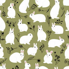 Seamless vector pattern with white rabbits and line art plant branches on a dark green background.