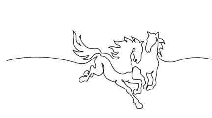 Galloping horses. Continuous one line drawing. Horse logo.