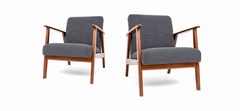 Pair of vintage armchair with wood armrests