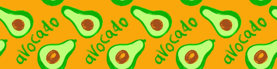 Vector avocado pattern seamless. Avocados pattern for oil label. Avocado decoration. Vegetarian background. Fabric decor. Avocados backdrop. Ornament with drawings of vegetables. Green vegan wallpaper