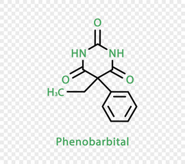 Phenobarbital chemical formula. Phenobarbital structural chemical formula isolated on transparent background.