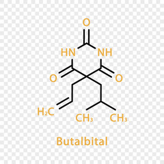 Butalbital chemical formula. Butalbital structural chemical formula isolated on transparent background.