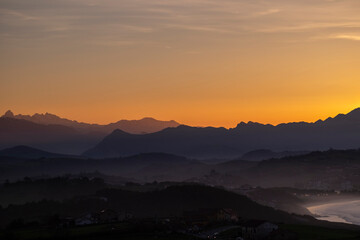 sunset in the mountains, San Vicente de la Barquera. Cantabria, Spain. 