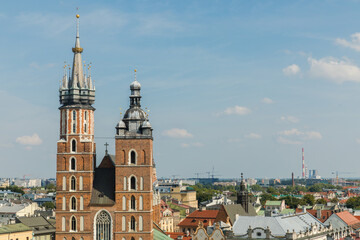 Obraz premium St. Mary's Basilica in Krakow, view from the tower of the main town hall.