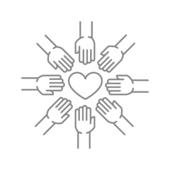 Hands circle and heart line icon. Team work, charity organization, donation symbol