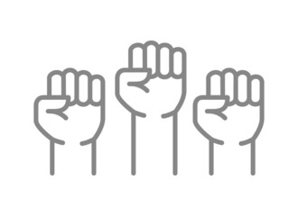 Three raised fists line icon. Teamwork, cooperation, togetherness symbol