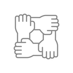 Team work line icon. Four hands, togetherness, unity symbol