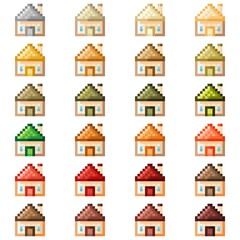 Natural color roof house pixel art set. Vector illustration.