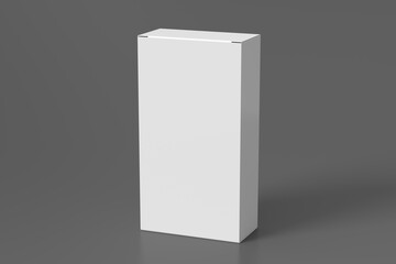 Gift box mock up: tall and wide white box on gray background. View above.