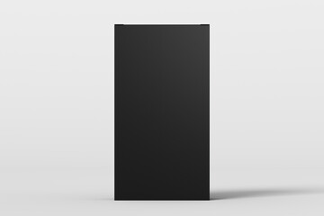 Gift box mock up: tall, flat and wide black box on white background. Front view.