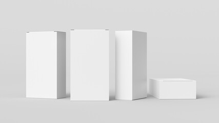 Gift box mock up: four tall, wide and flat white boxes on white background. Front view.