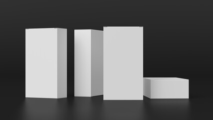 Gift box mock up: four tall, wide and flat white boxes on black background. Front view.