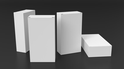 Gift box mock up: four tall, wide and flat white boxes on black background. View above.