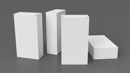 Gift box mock up: four tall, wide and flat white boxes on gray background. View above.