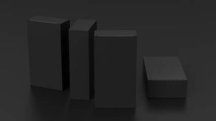 Gift box mock up: four tall, wide and flat black boxes on BBB background. View above.