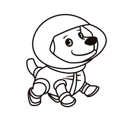 Coloring book: cute astronaut dog in space suit. Isolated vector illustration on white background in cartoon flat style, sticker.