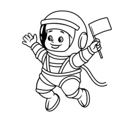 Coloring book: an astronaut toddler in a helmet and a spacesuit waves a pioneer flag. Vector illustration in cartoon style, black and white isolated line art