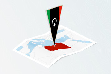 Isometric paper map of Libya with triangular flag of Libya in isometric style. Map on topographic background. - obrazy, fototapety, plakaty