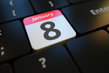 January 8 date on a keyboard key, 3d rendering