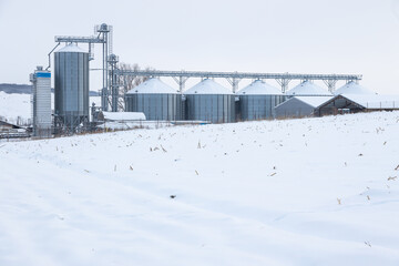 Silos in a cold winter day and stubble corn field covered with snow in foreground