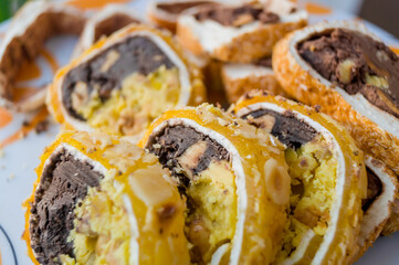 Turkish delight, pastille roll with sherbet and nuts. Sweet dessert. Soft focus