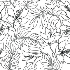Floral seamless line art pattern. Flower outline background. Floral linear drawn texture with flowers. Flourish tiled wallpaper