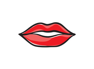 Lips female. Sexy red lips line drawn illustration. Beautiful Woman lips logo in pastel color. Design concept good for logo, card, banner, poster, flyer