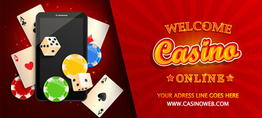Welcome banner to online casino.Online poker,blackjack in smartphone.Web landing page template for internet game.Advertising,invitation poster- phone,poker cards,playing dice,chips.Gambling app.Vector