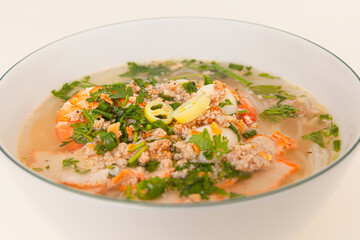 Nam Vang noodles soup, Vietnamese food isolated on white background, closeup